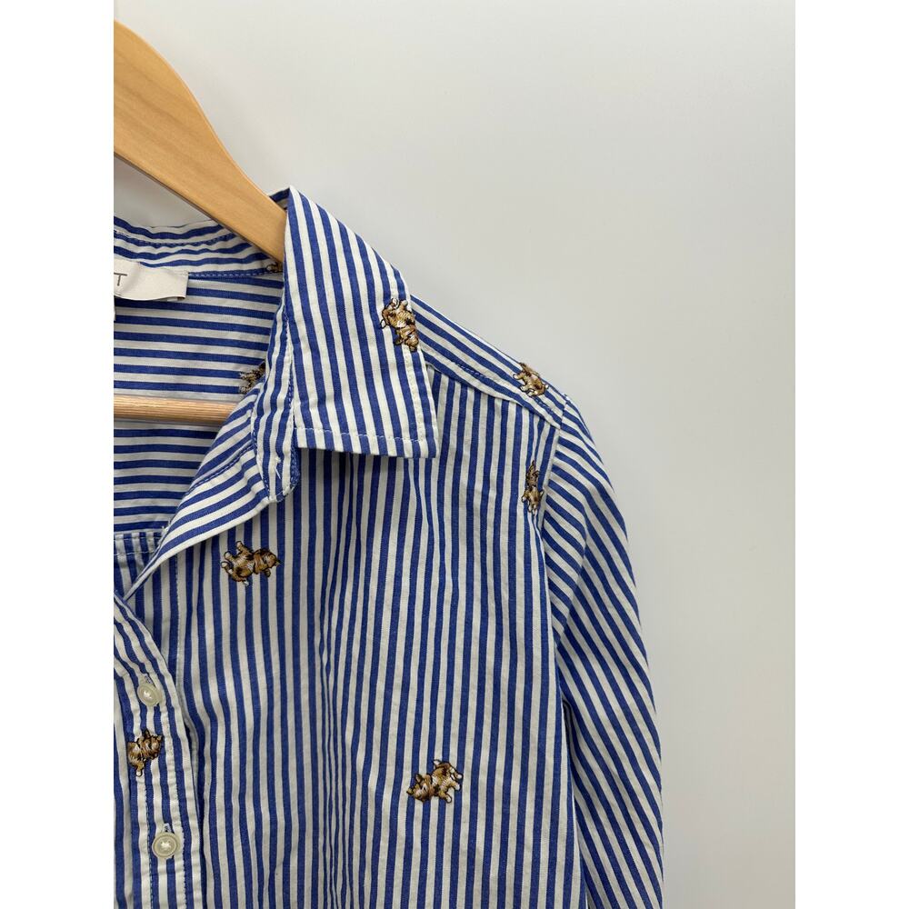 Loft Blue White Pinstripe Dog Embroidered Everyday Shirt Button Down Small BR35 - Picture 7 of 10
